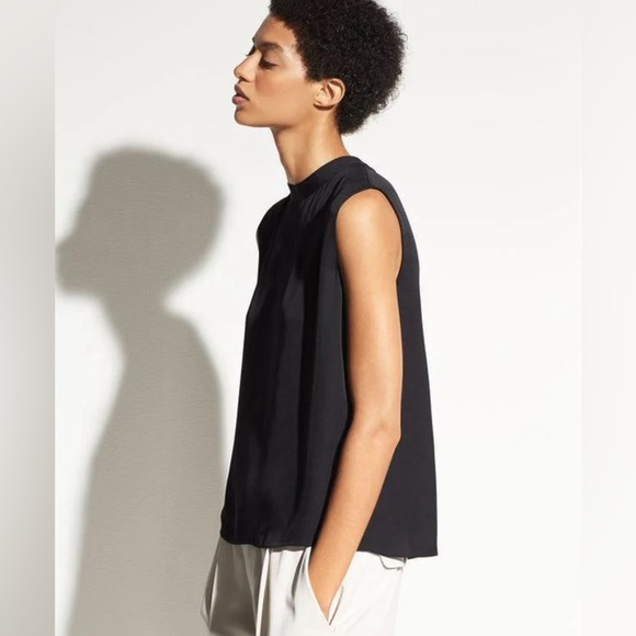 Vince Sleeveless Mock Neck Silk Blouse in Black - Picture 3 of 4